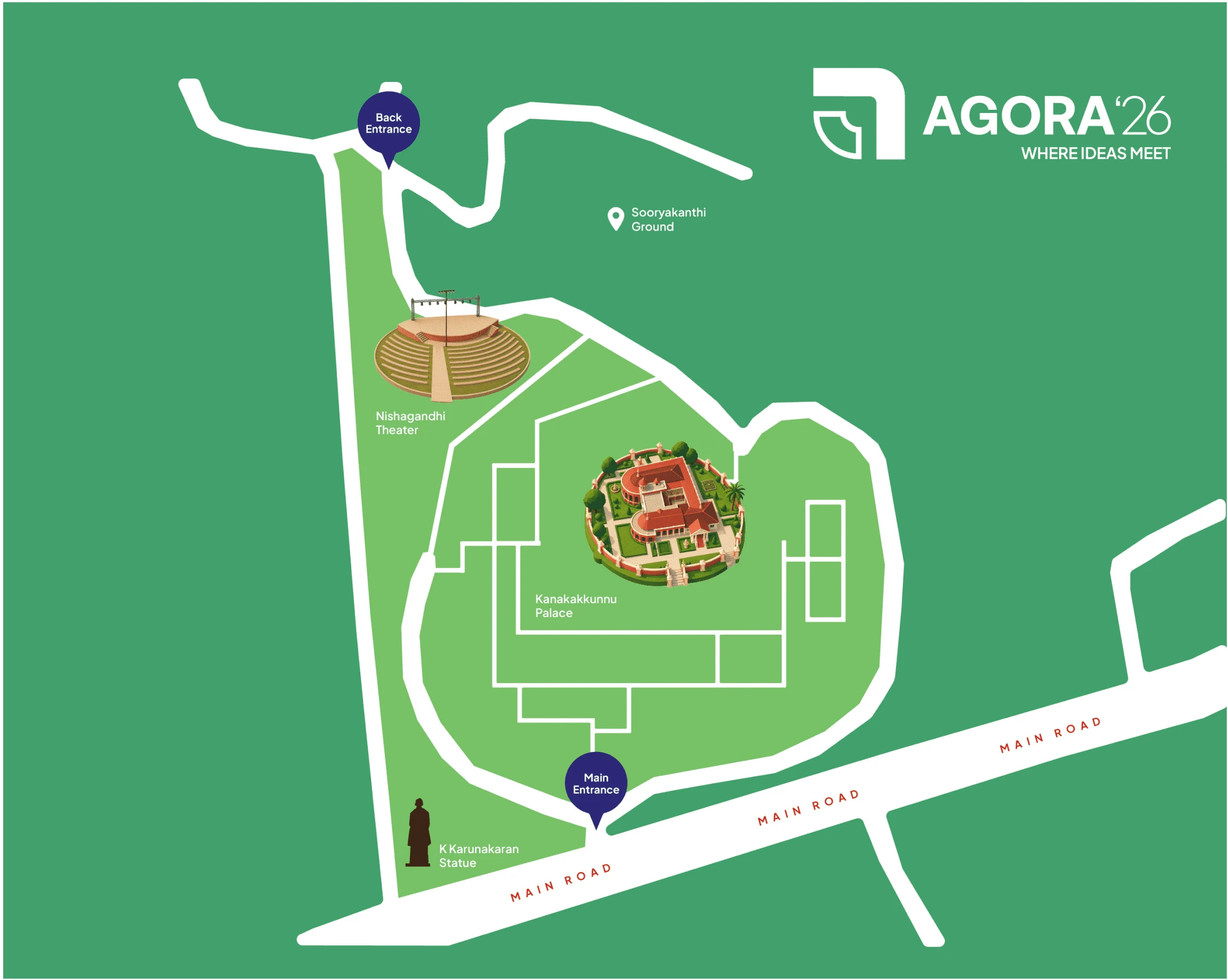 Map of Kanakakunnu Palace grounds showing the main entrance on Main Road, the back entrance, Nishagandhi Theater, Sooryakanthi Ground and the K Karunakaran statue